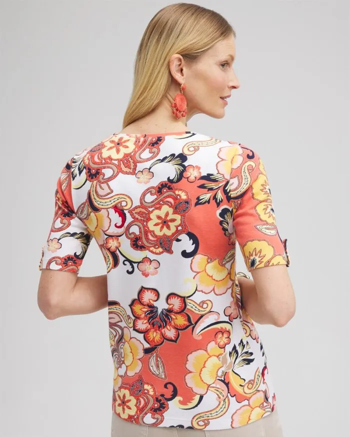 Chico039s Tops Paisley Elbow Sleeve Cotton Tee Nectarine 8211 Clothing