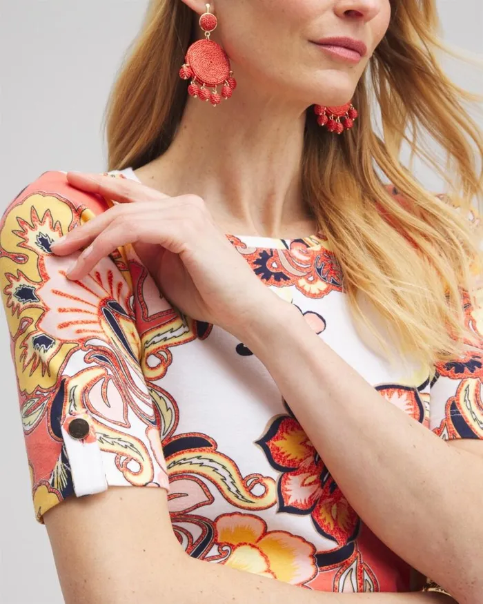 Chico039s Tops Paisley Elbow Sleeve Cotton Tee Nectarine 8211 Clothing