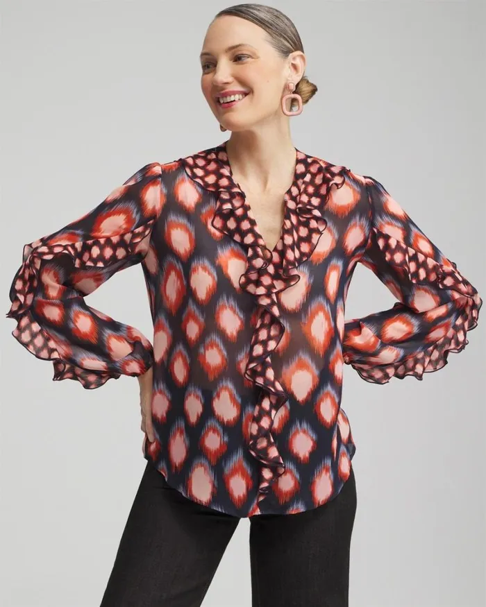Chico039s Tops Ruffle Detail Ikat Blouse Classic Navy 8211 Clothing