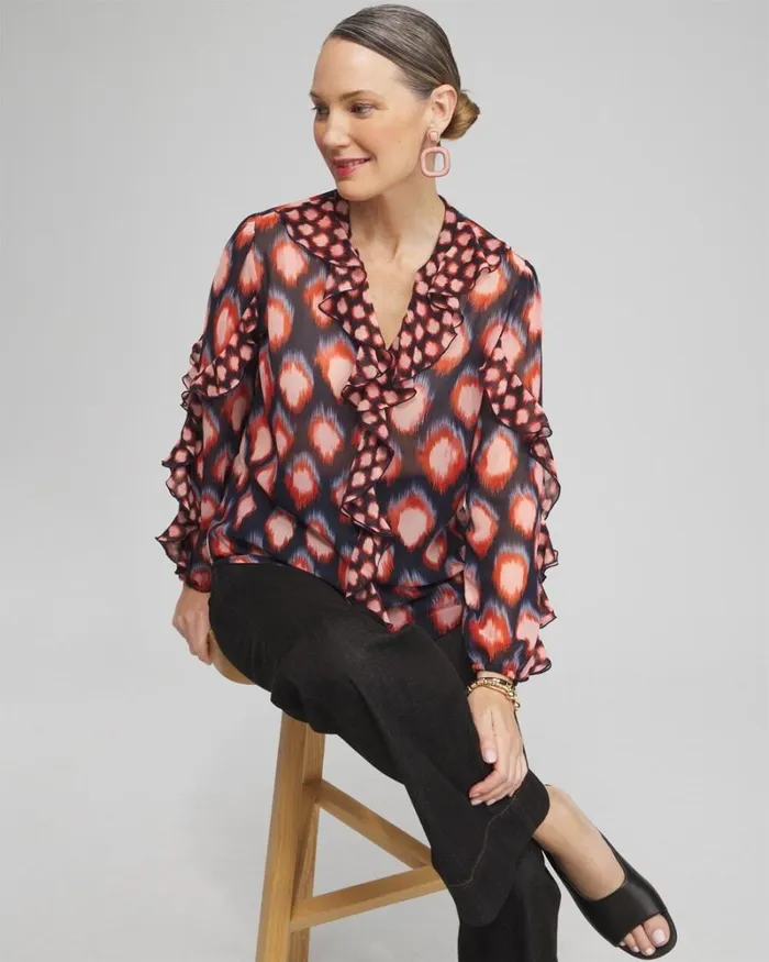 Chico039s Tops Ruffle Detail Ikat Blouse Classic Navy 8211 Clothing