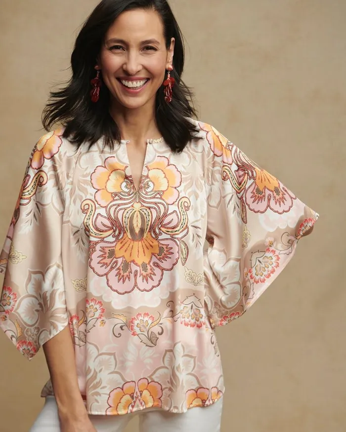 Chico039s Tops Satin Floral Keyhole Neck Blouse Porcelain Rose 8211 Clothing