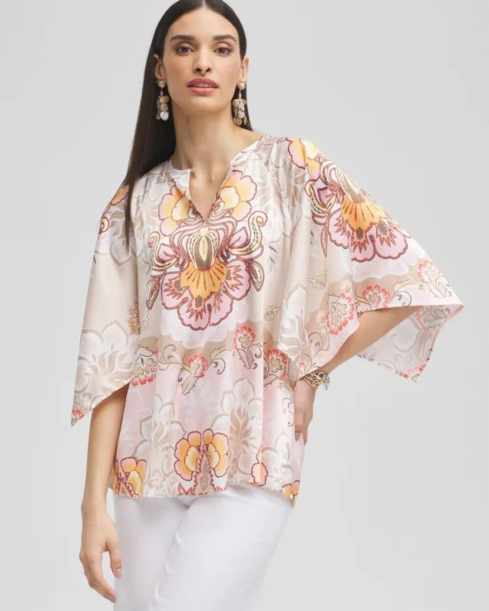 Chico039s Tops Satin Floral Keyhole Neck Blouse Porcelain Rose 8211 Clothing