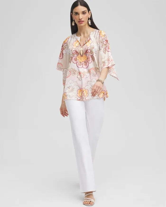 Chico039s Tops Satin Floral Keyhole Neck Blouse Porcelain Rose 8211 Clothing