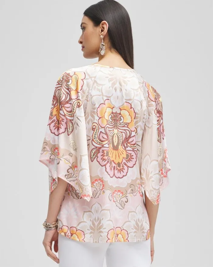 Chico039s Tops Satin Floral Keyhole Neck Blouse Porcelain Rose 8211 Clothing
