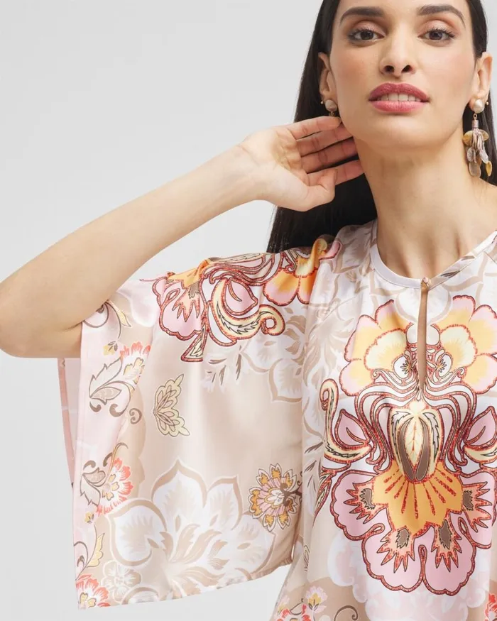Chico039s Tops Satin Floral Keyhole Neck Blouse Porcelain Rose 8211 Clothing