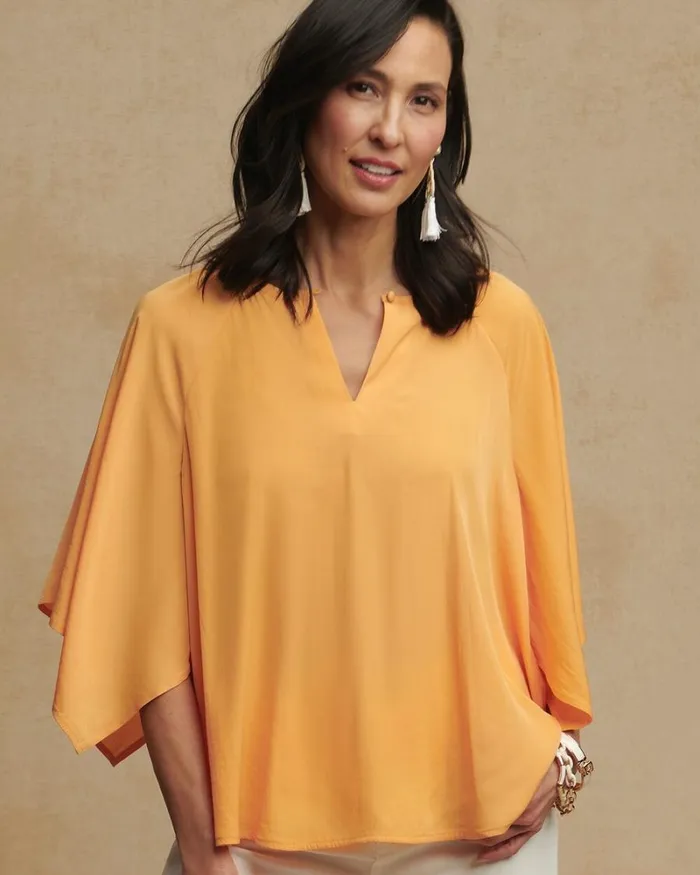 Chico039s Tops Satin Keyhole Neck Blouse Mango Sorbet 8211 Clothing
