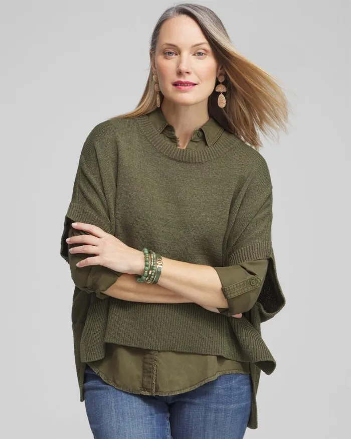 Chico039s Tops Short Sleeve Knit Poncho Olive 8211 Clothing