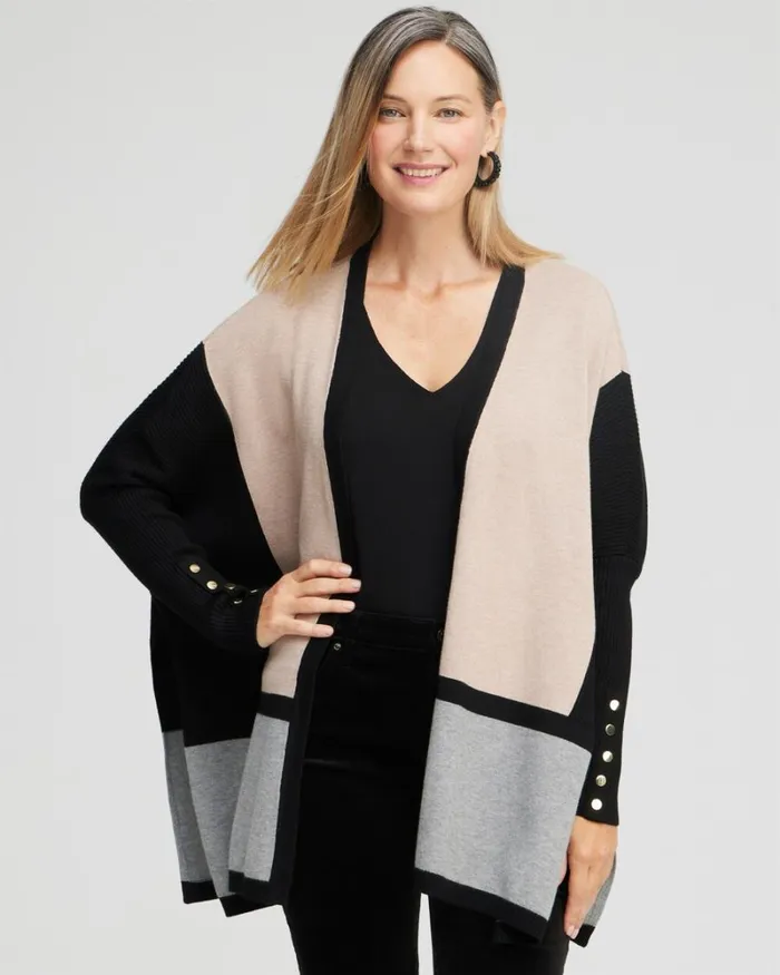 Chico039s Tops Snap Detail Colorblock Ruana Black 8211 Clothing