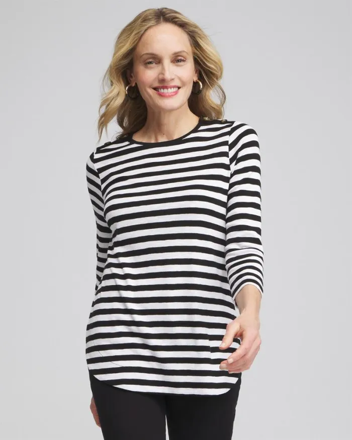 Chico039s Tops Stripe Button Trim Ribbed Tunic Black 8211 Clothing