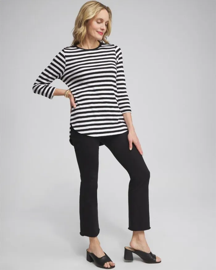 Chico039s Tops Stripe Button Trim Ribbed Tunic Black 8211 Clothing