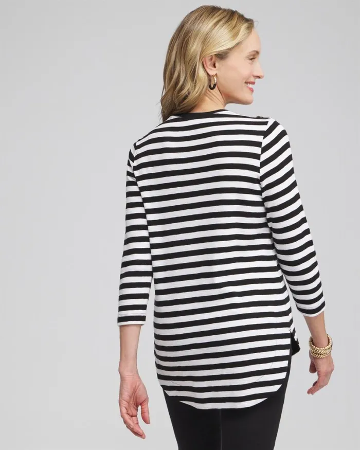 Chico039s Tops Stripe Button Trim Ribbed Tunic Black 8211 Clothing