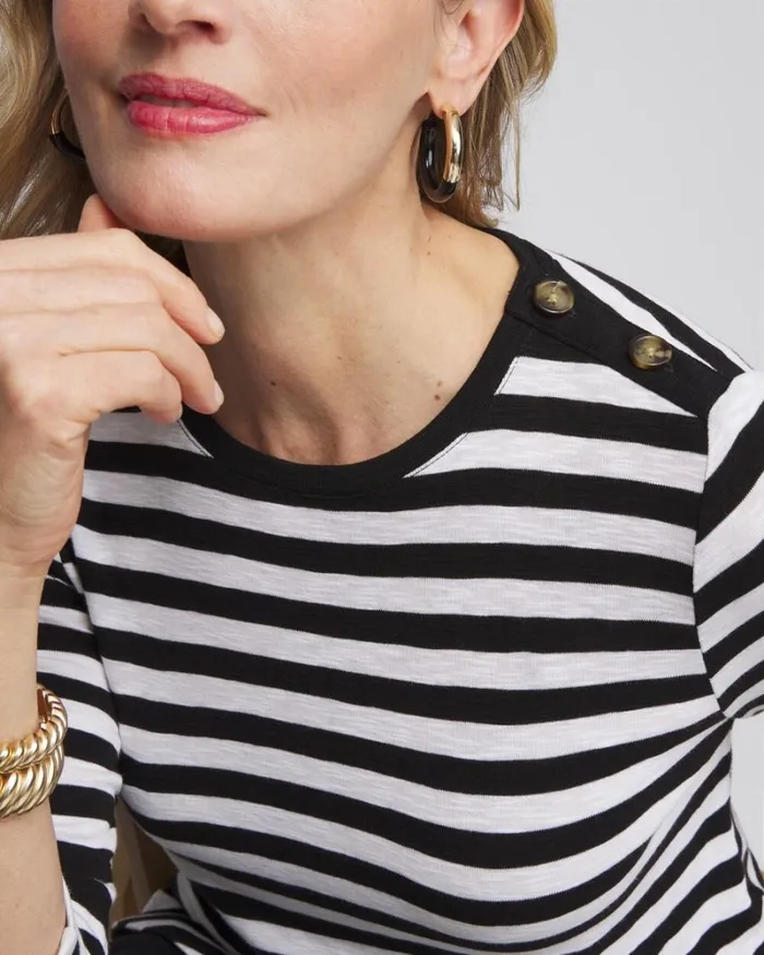 Chico039s Tops Stripe Button Trim Ribbed Tunic Black 8211 Clothing
