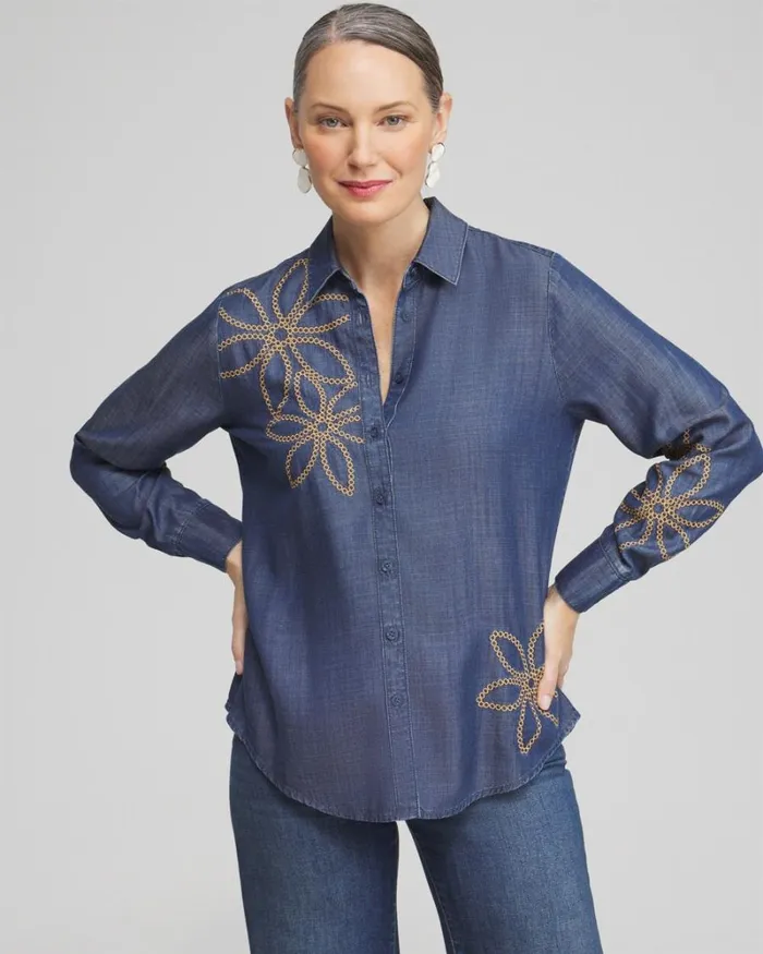 Chico039s Tops Twill Denim Eyelet Shirt Deep Rapids Wash 8211 Clothing
