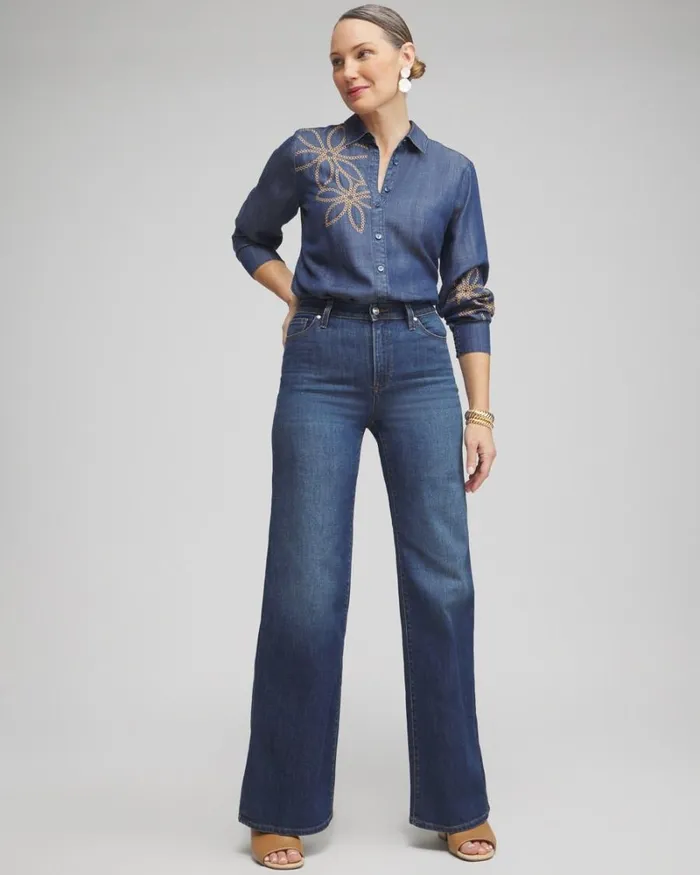 Chico039s Tops Twill Denim Eyelet Shirt Deep Rapids Wash 8211 Clothing