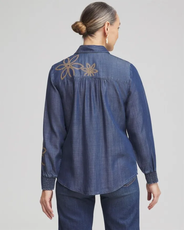 Chico039s Tops Twill Denim Eyelet Shirt Deep Rapids Wash 8211 Clothing