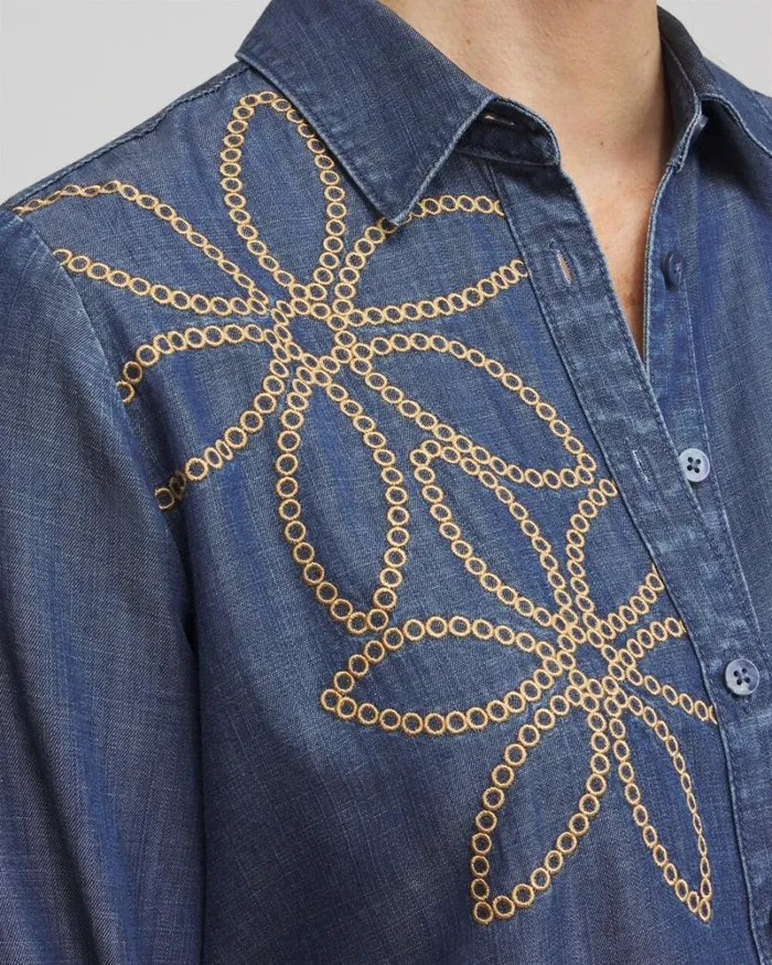 Chico039s Tops Twill Denim Eyelet Shirt Deep Rapids Wash 8211 Clothing