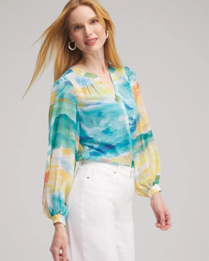 Chico039s Tops Watercolor Print Blouse Lemon Blossom 8211 Clothing
