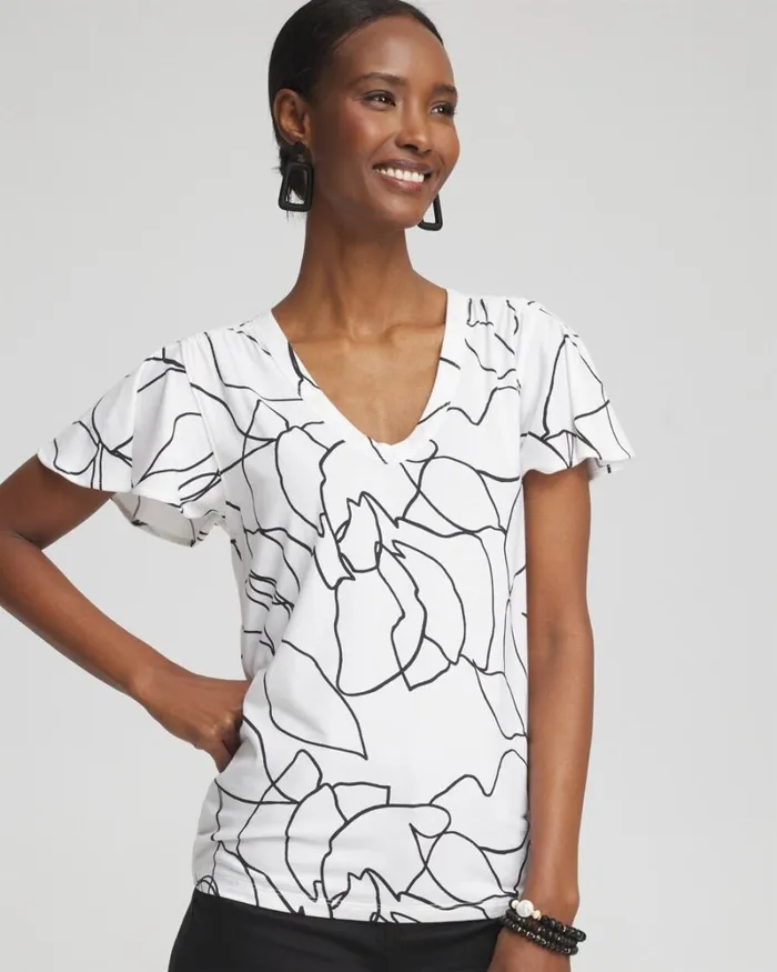 Chico039s Tops White Lines Flutter Sleeve Tee Alabaster 8211 Clothing