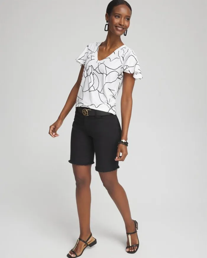 Chico039s Tops White Lines Flutter Sleeve Tee Alabaster 8211 Clothing