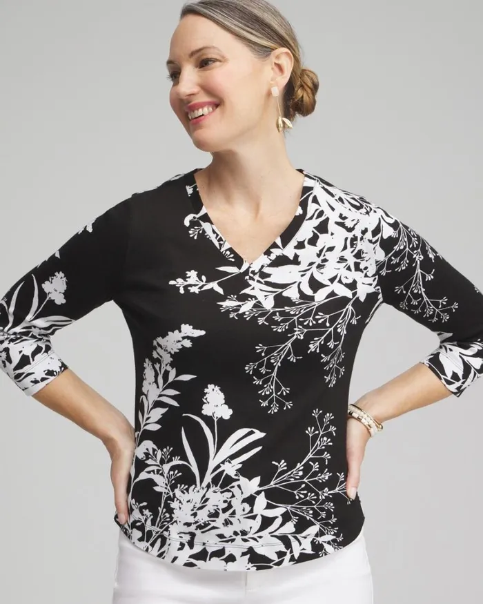 Chico039s Tops Wildflower Everyday 34 Sleeve Tee Black 8211 Clothing