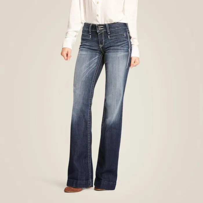 Denim Women Ariat Trouser Mid Rise Stretch Entwined Wide Leg Jean Marine