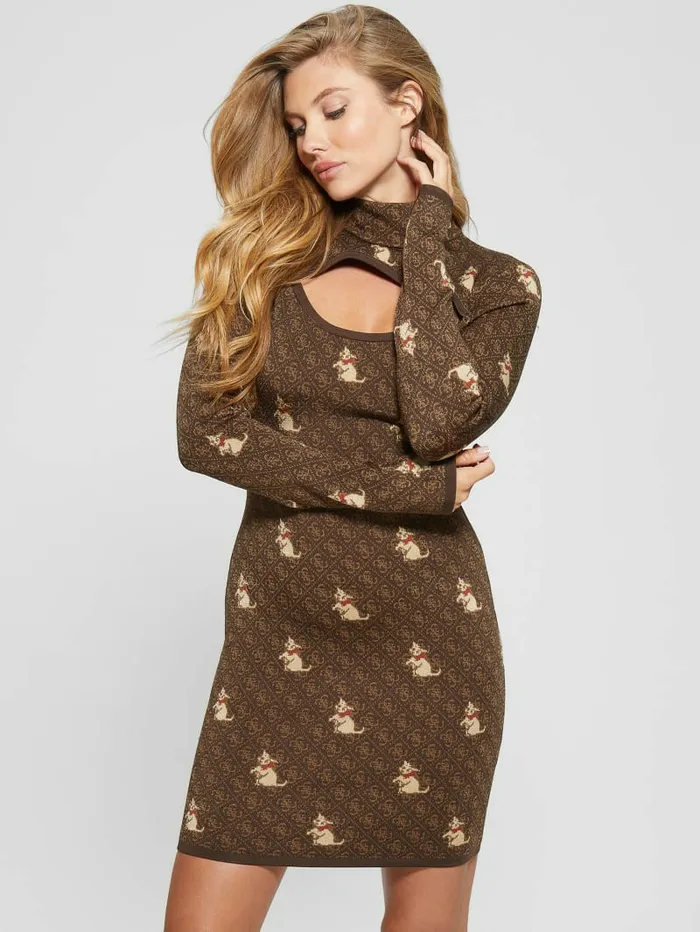 Dresses and Jumpsuits GUESS Women Quattro G Kitten Sweater Dress Quattro Kitty Print Dark Dresses and Jumpsuits GUESS Women Quattro G Kitten Sweater Dress Quattro Kitty Print Dark