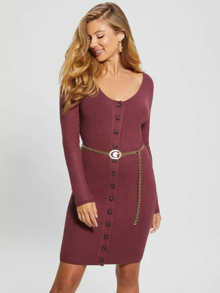 Dresses and Jumpsuits Women GUESS Eco Lorah Chain Belted Dress Mystic Wine