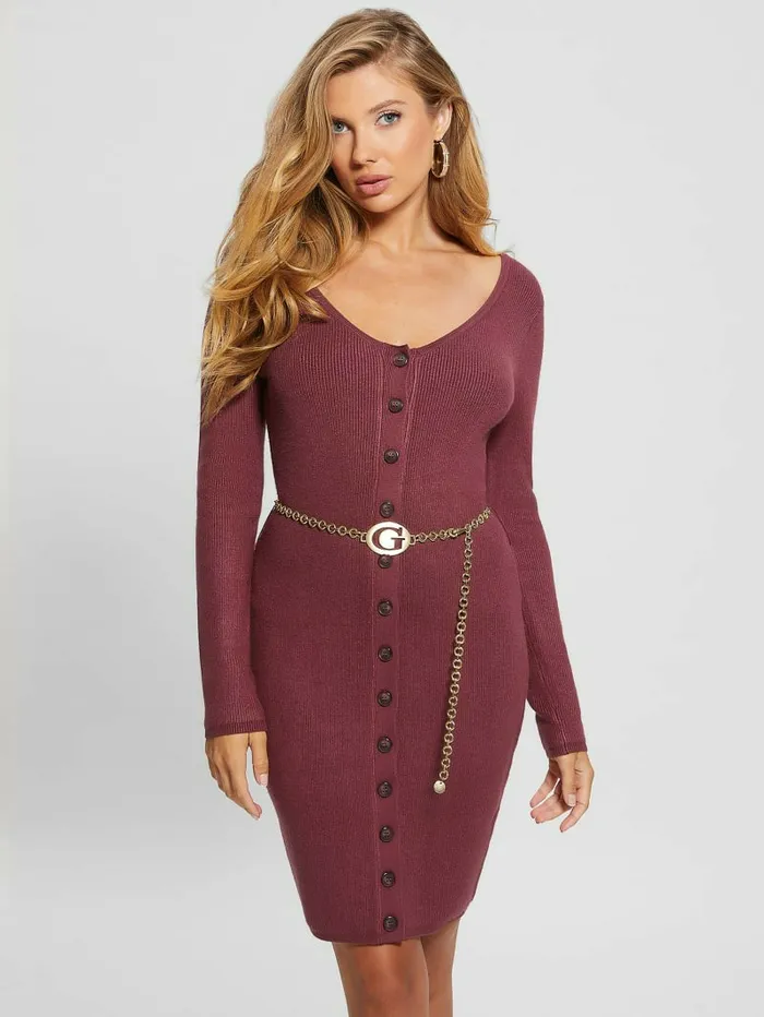 Dresses and Jumpsuits Women GUESS Eco Lorah Chain Belted Dress Mystic Wine Dresses and Jumpsuits Women GUESS Eco Lorah Chain Belted Dress Mystic Wine
