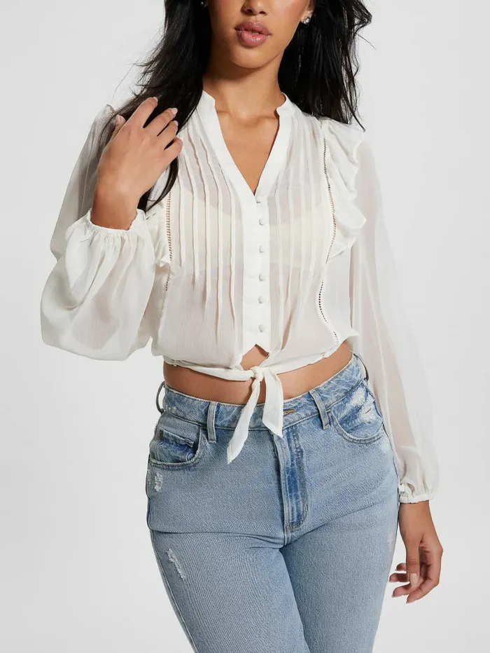 Eco Dionne Chiffon TieFront Top Dove White Tops GUESS Women Eco Dionne Chiffon TieFront Top Dove White Tops GUESS Women