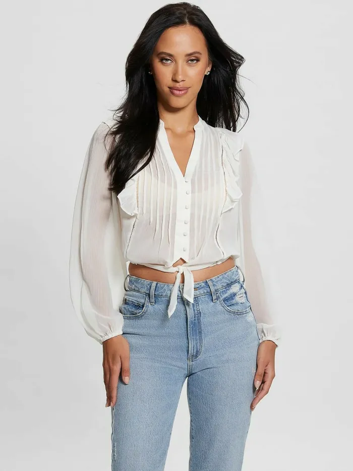 Eco Dionne Chiffon TieFront Top Dove White Tops GUESS Women Eco Dionne Chiffon TieFront Top Dove White Tops GUESS Women