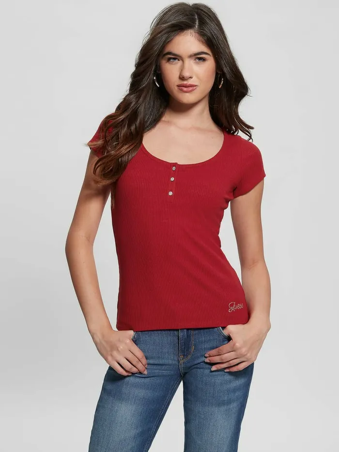 Eco Karlee Henley Tee Chili Red Tops GUESS Women