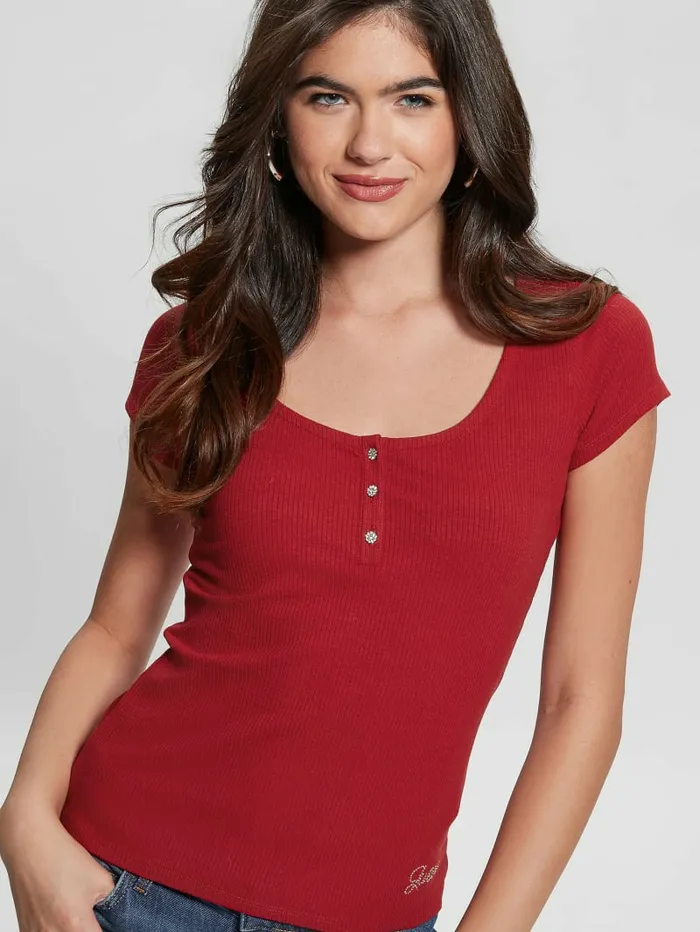 Eco Karlee Henley Tee Chili Red Tops GUESS Women Eco Karlee Henley Tee Chili Red Tops GUESS Women