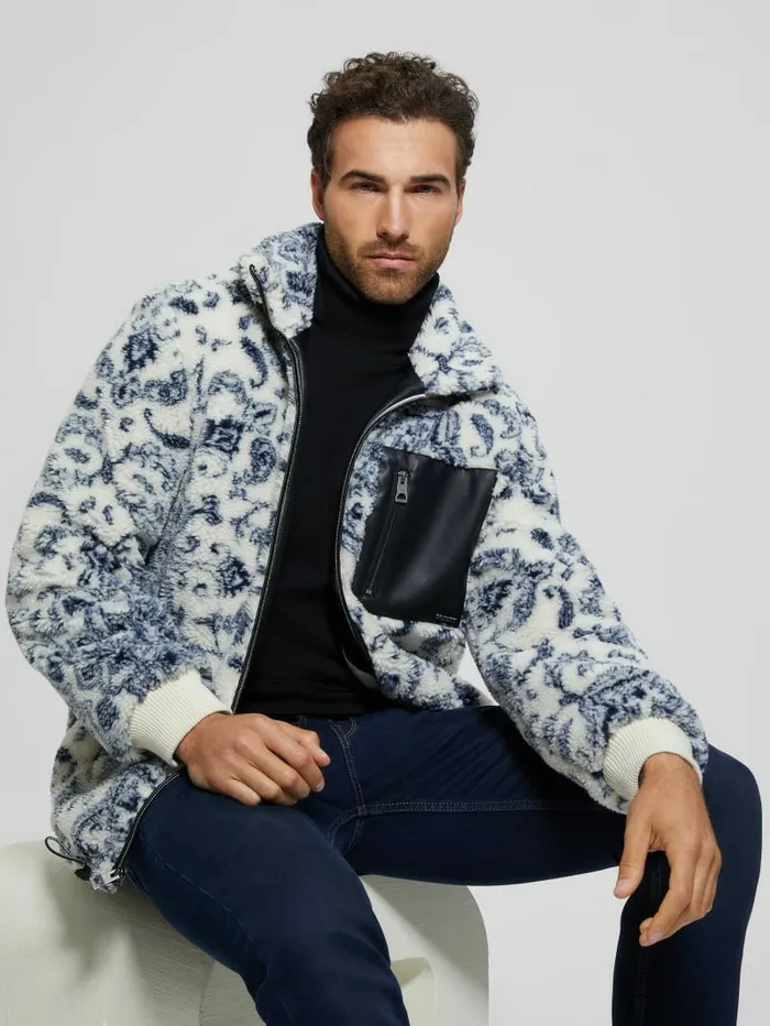 Eco Sherpa Jacket White Bandana Combo Men Jackets and Coats GUESS