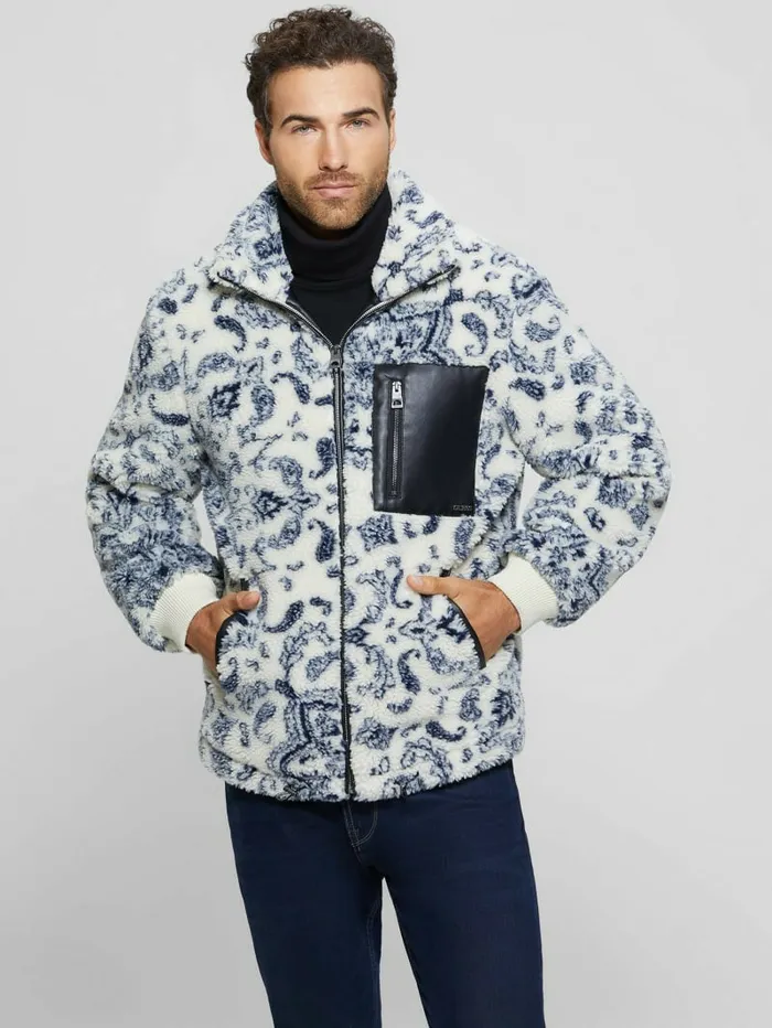 Eco Sherpa Jacket White Bandana Combo Men Jackets and Coats GUESS Eco Sherpa Jacket White Bandana Combo Men Jackets and Coats GUESS