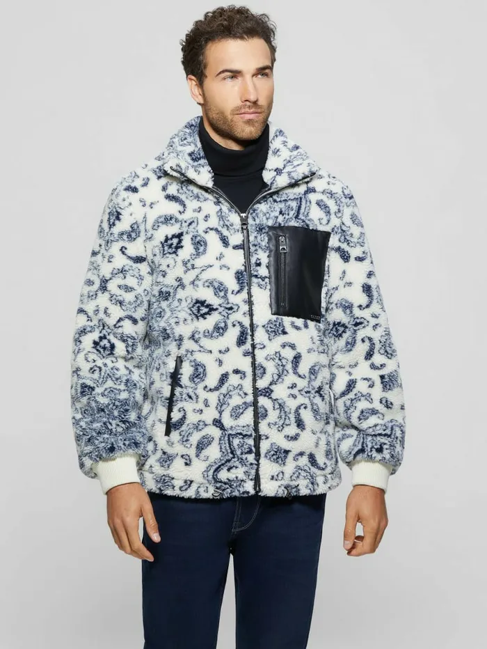 Eco Sherpa Jacket White Bandana Combo Men Jackets and Coats GUESS Eco Sherpa Jacket White Bandana Combo Men Jackets and Coats GUESS