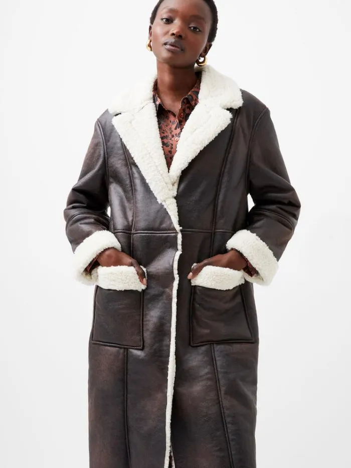 French Connection Coats and Jackets Arizona Faux Shearling Coat Chocolate 8211 Woman