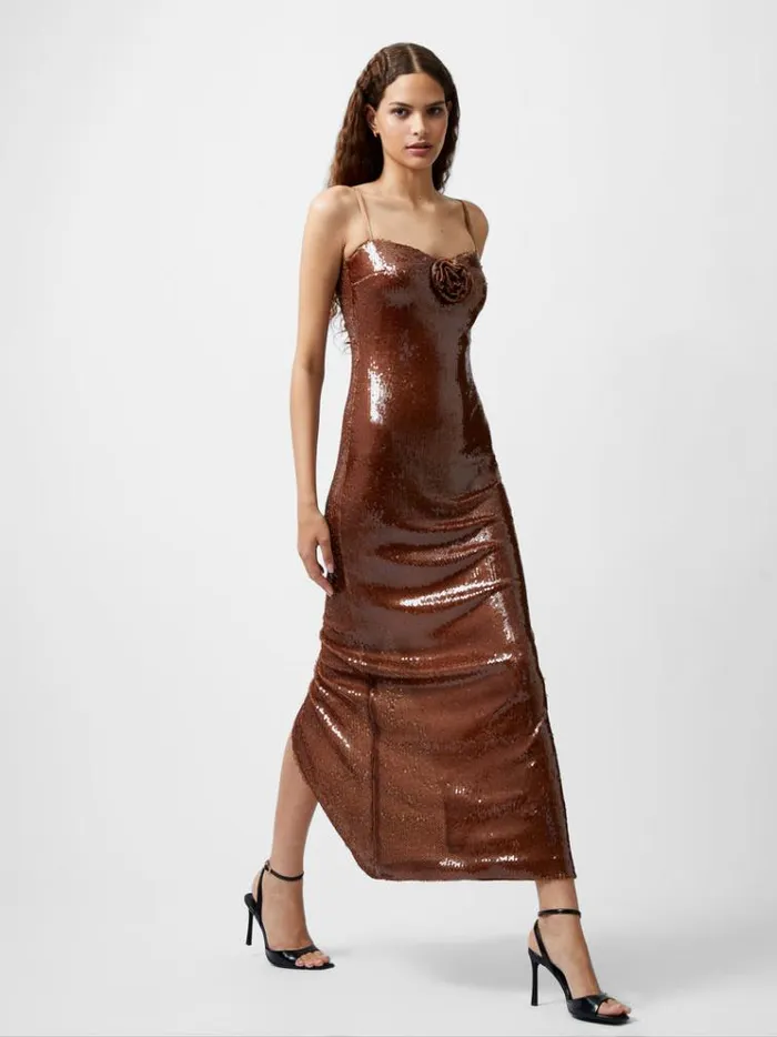 French Connection Dresses Beatrice Sequin Strappy Corsage Maxi Dress Brown Sequin 8211 Woman