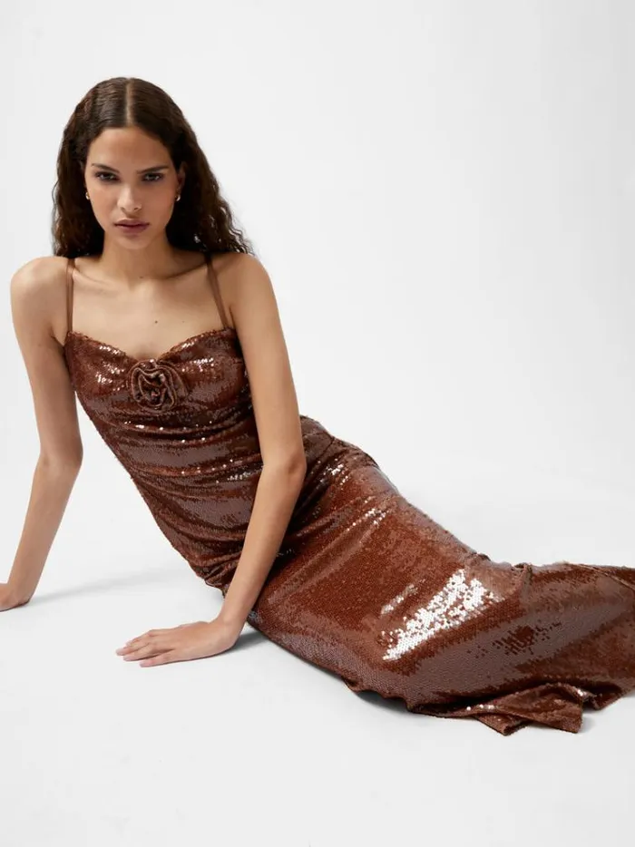 French Connection Dresses Beatrice Sequin Strappy Corsage Maxi Dress Brown Sequin 8211 Woman