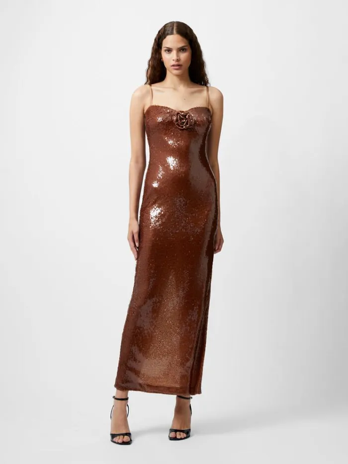 French Connection Dresses Beatrice Sequin Strappy Corsage Maxi Dress Brown Sequin 8211 Woman