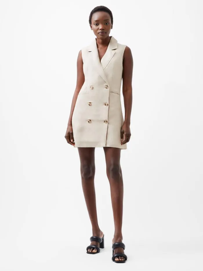 French Connection Dresses Birdie Linen Sleeveless Blazer Dress Wild Wheat 8211 Woman