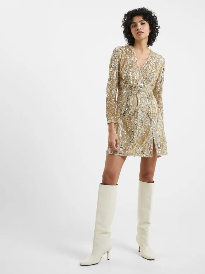 French Connection Dresses Deniz Embellished Mini Dress Cementgold 8211 Woman