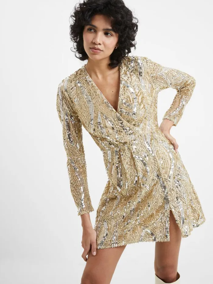 French Connection Dresses Deniz Embellished Mini Dress Cementgold 8211 Woman