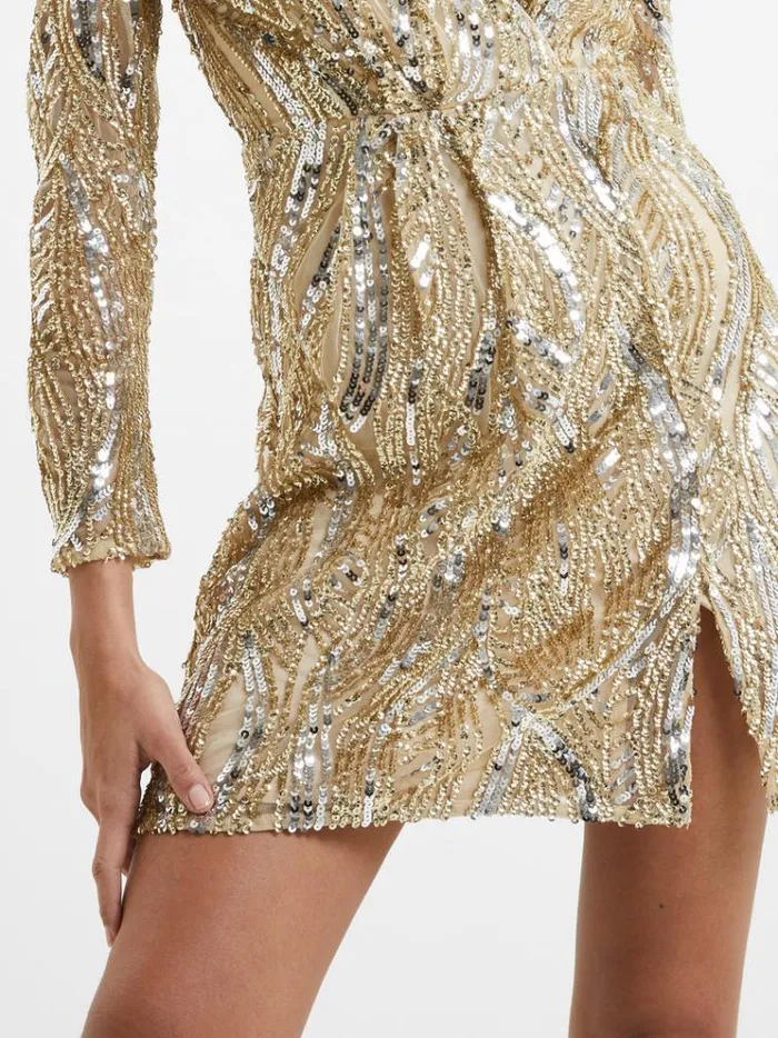 French Connection Dresses Deniz Embellished Mini Dress Cementgold 8211 Woman