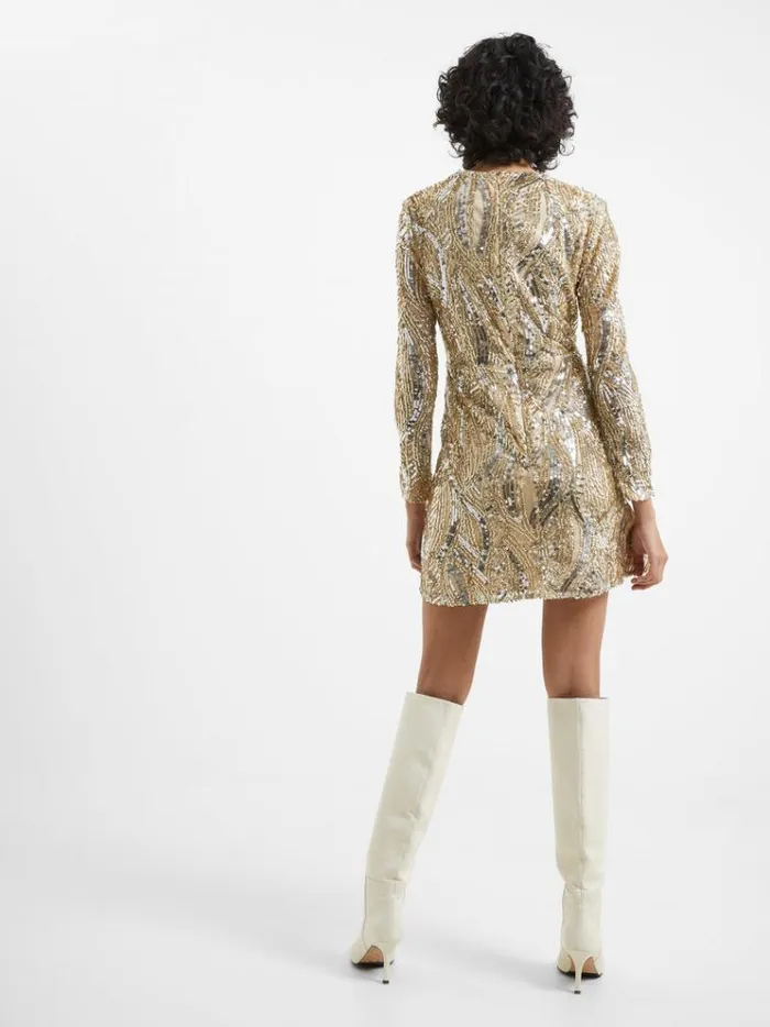 French Connection Dresses Deniz Embellished Mini Dress Cementgold 8211 Woman