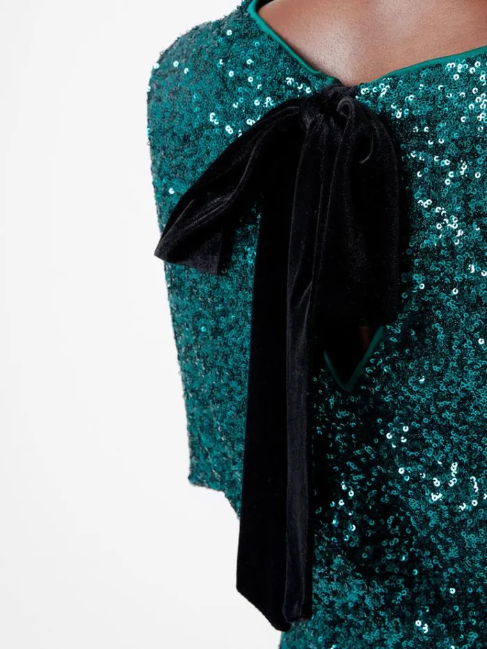 French Connection Dresses Elena Sequin Bow Back Mini Dress Forest 8211 Woman