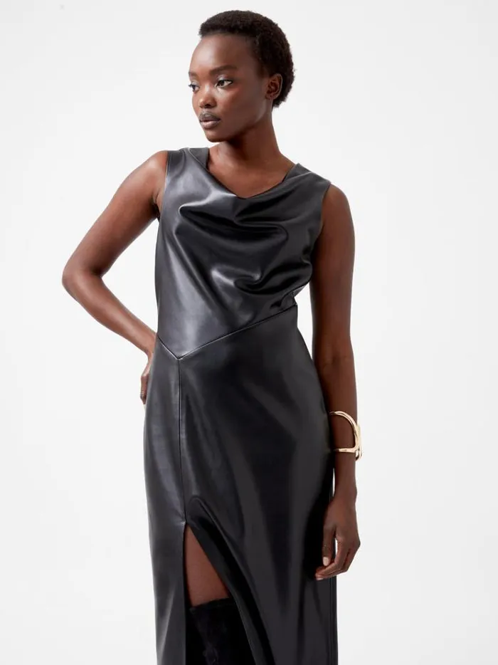 French Connection Dresses Elettra Recycled Pu Cowl Neck Sleeveless Midi Dress Blackout 8211 Woman