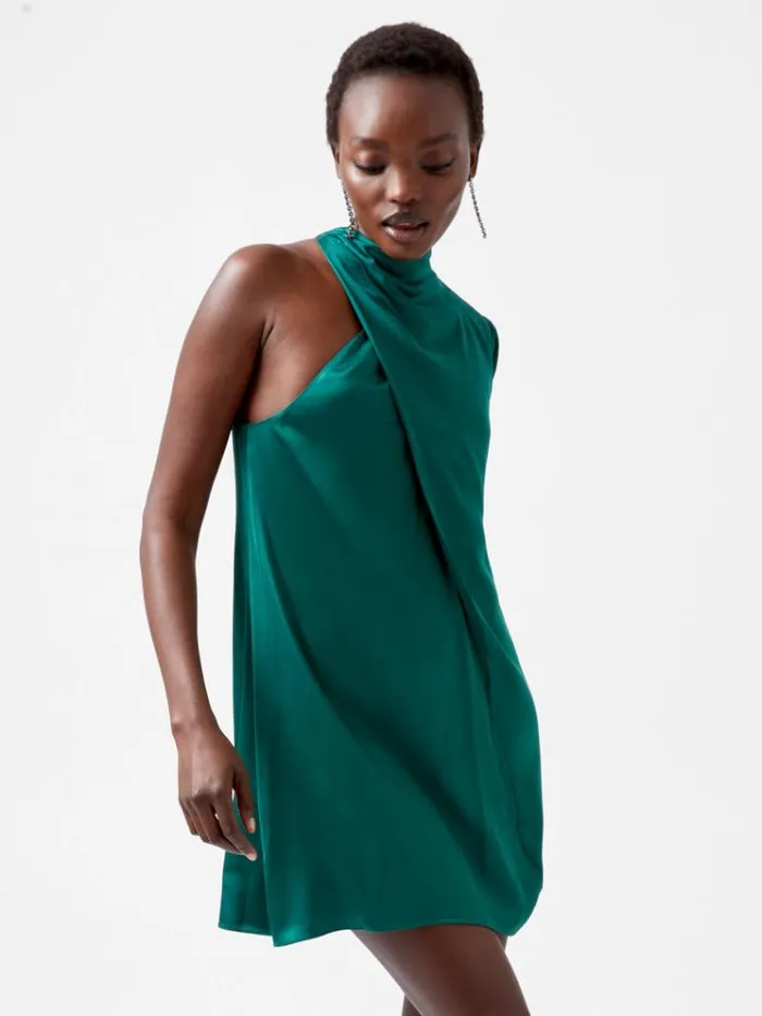 French Connection Dresses Ennis Eco Satin Asymmetric Mini Dress Forest 8211 Woman