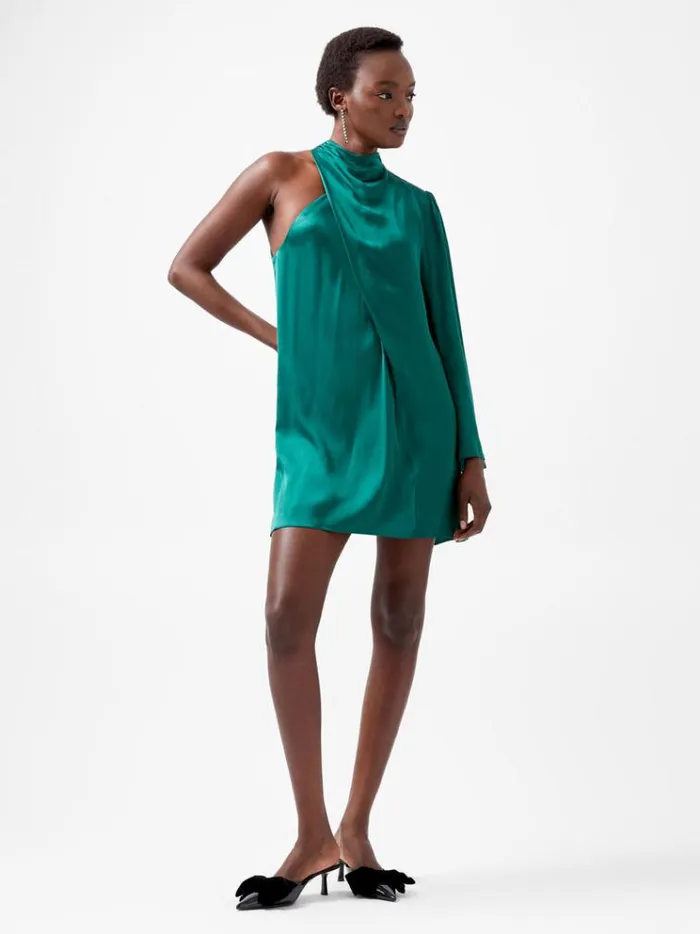 French Connection Dresses Ennis Eco Satin Asymmetric Mini Dress Forest 8211 Woman
