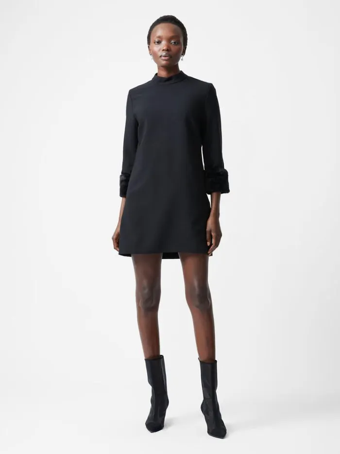French Connection Dresses Luxe Faux Fur Three Quarter Sleeve Cuffs Mini Dress Black 8211 Woman
