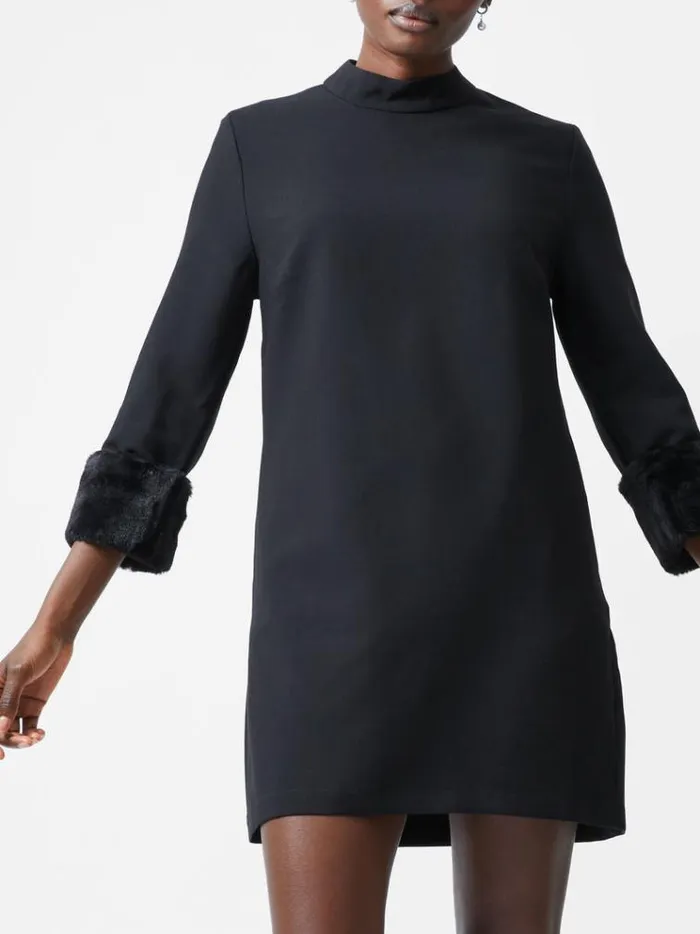 French Connection Dresses Luxe Faux Fur Three Quarter Sleeve Cuffs Mini Dress Black 8211 Woman
